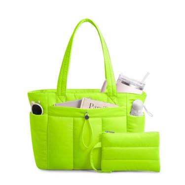 Imagem de TOPDesign Bolsa feminina com porta-copos, compartimento para laptop, bolsa de cosméticos e bolsa de carrinho para trabalho, viagens, Verde fluorescente, Medium, Casual
