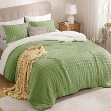 Imagem de downluxe Conjunto de edredom Queen fofo de lã de ovelha e lã bufante - verde claro, conjunto de cama quente super macio para o inverno (1 edredom, 2 fronhas)