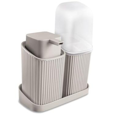 Imagem de Kit Banheiro Peças Completo - Porta Sabonete Líquido, Porta Escova e Bandeja | Conjunto Organizador para Lavabo(Cinza)