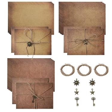 Imagem de Conjunto de 30 envelopes e papel antigos, 16,3 x 11,4 cm, 6 envelopes antigos retrô antigos e 12 papéis antigos com 6 cordas de cânhamo, 6 peças, berloques decorativos, envelopes envelhecidos para