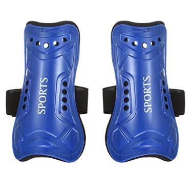 Imagem de Caneleiras de futebol tamanho P, pacote com 2 protetores esportivos respiráveis de PVC para jovens, azul