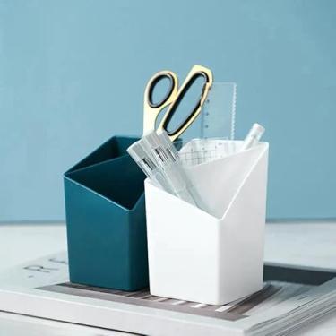 Imagem de Pacote com 2 porta-canetas para mesa, criativo, moderno, multifuncional, caixa de armazenamento, presentes de aniversário, presentes de Natal para mulheres, namoradas e homens (azul + branco)