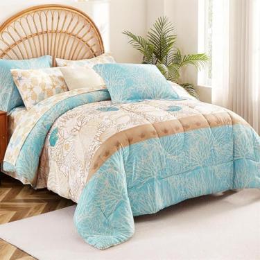 Imagem de Cmfshape Conjunto de edredom queen costeiro azul, 7 peças, estampa de estrela do mar, cama em uma bolsa, edredom de microfibra macia com conjunto de lençóis, fronhas e fronhas para todas as estações