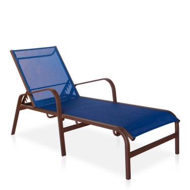 Imagem de Espreguiçadeira Para Piscina, área Externa, Jardim, Em Alumínio - Marrom E Tela Sling Azul