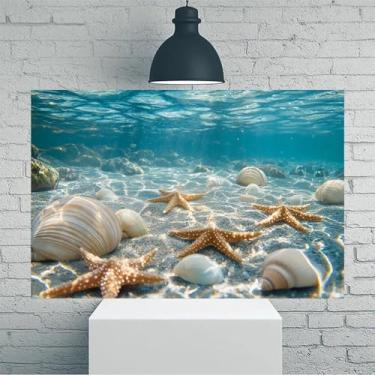 Imagem de Arte de parede em tela rústica vintage estrela do mar e conchas subaquáticas - Pôster sem moldura de 30 x 45 cm - Ideia de presente para decoração de casa e escritório para sala de estar, quarto