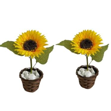 Imagem de Arranjo Floral Girassol Individual Artificial Com Vaso Trançado Pedras Brancas Decoração Completo(2 ARRANJOS)