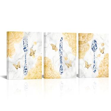 Imagem de HOMEOART Tela de cozinha arte de parede minimalista sala de jantar decoração de parede pintura floral imagens impressão arte emoldurada 12"x16"x3 peças (amarelo)