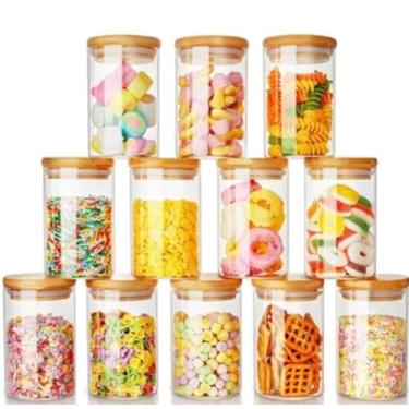 Imagem de Kit 10 Potes De Vidro Condimentos 350ml Com Tampa De Bambu