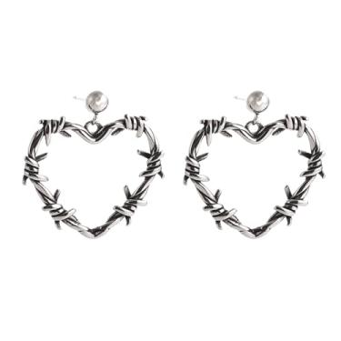 Imagem de Brincos de argola de coração de arame farpado gótico, brincos punk com pingente de espinho farpado em aço inoxidável
