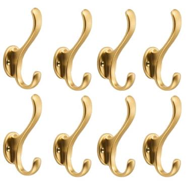Imagem de khtumeware Pacote com 8 ganchos de revestimento dourados escovados, montagem na parede, ganchos duplos retrô para pendurar casacos, chapéu, toalha, chave, roupão, cachecol, bolsa, boné (ouro escovado)