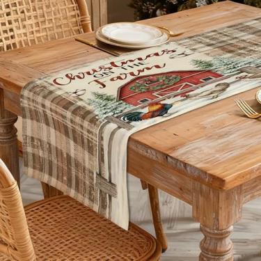 Imagem de Caminho de mesa de Natal 33 x 91 cm - Decoração de mesa de jantar de cozinha de inverno para decoração de casa, Natal impresso na fazenda, celeiro vermelho com grinalda, galinhas, cenário de neve para
