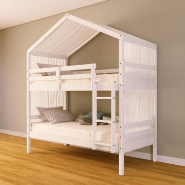 Imagem de Beliche Solteiro Casinha com Cortina Madeira Maciça Branco Megamobilia