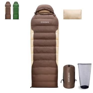 Imagem de SYWSKW Saco de dormir com travesseiro, saco de dormir retangular ultraleve para adultos, mochila jovem, caminhada e acampamento ao ar livre com zíper bidirecional YKK 680 FP Down (café -15.0 °C)