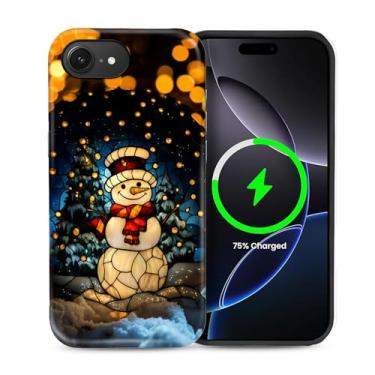 Imagem de heindiy Capa para iPhone 16e, compatível com MagSafe, capa brilhante, proteção total, à prova de choque, anti-arranhões, capa de TPU, capas para homens e mulheres - vintage Natal boneco de neve vitral