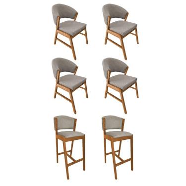 Imagem de Kit 4 Cadeiras De Jantar Debora Madeira Maciça Com 2 Banquetas Ana Cerejeira Premium Linho Bege