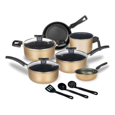 Imagem de Jogo de Panelas 9 Pçs Teflon Tampas Vidro Antiaderente Varias Cores - 