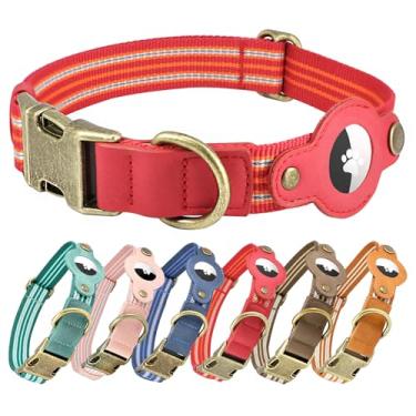 Imagem de Coleira AirTag para cães grandes, coleira de nylon refletiva macia com suporte para AirTag - Coleira de couro ajustável para cães Apple Airtag com fivela de metal - Tracker GPS Apple Air Tag Coleiras