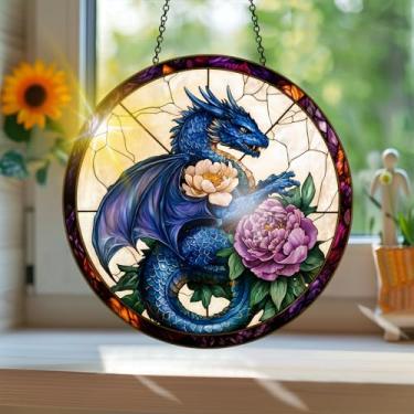 Imagem de Apanhador solar de acrílico colorido, estilo vitral com estampa de dragão animal, com reflexos de arco-íris, decoração de janela suspensa, arte de parede, ornamentos de Natal para uso interno e