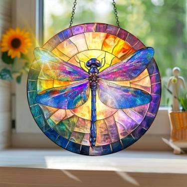 Imagem de Acrílico colorido Suncatcher, apanhador de sol estilo vitral impresso libélula com reflexos de arco-íris, decoração de janela suspensa, decoração de parede, ornamentos de Natal para uso interno e