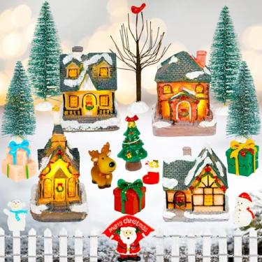 Imagem de Warmtree Conjunto de 22 peças de casas de aldeia de Natal, cidade de aldeia de cena de Natal de resina, cerca de piquete de árvore de Papai Noel, estatuetas de neve, acessórios para decoração de