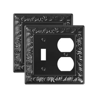 Imagem de TREEWELL Pacote com 2 placas de cobertura para interruptor de luz duplex/interruptor, placa decorativa de parede com padrão paisley, placas de parede de metal pretas para tomadas elétricas