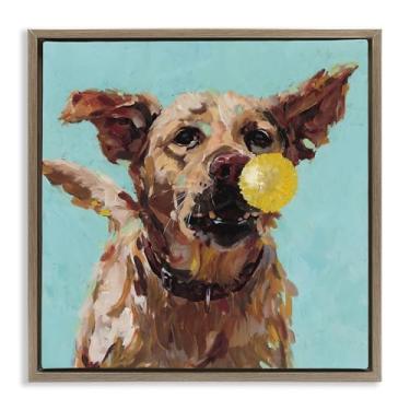 Imagem de Stupell Industries Arte de parede em tela flutuante emoldurada preta com cachorro brincando com bola, design por Studio Bautista, 45,7 x 45,7 cm