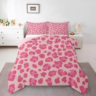 Imagem de Feelyou Conjunto de edredom com estampa de leopardo rosa, tamanho Queen, para crianças, meninos, meninas, safári, edredom de guepardo, decoração de quarto de microfibra, 3 peças com 2 fronhas