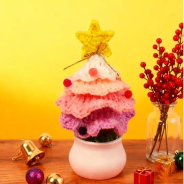 Imagem de 1 peça de árvore de Natal de crochê feita à mão em vasos, mini árvore de Natal artificial, árvores de Natal artificiais tricotadas, ideal para prateleiras de casa, enfeites de mesa e presentes de
