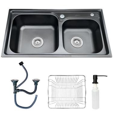 Imagem de Cuba Dupla Gourmet Pia Cozinha Inox Preto Acessório Brinovar