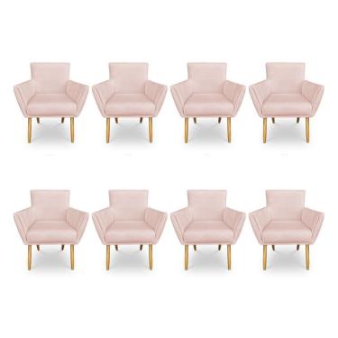 Imagem de Kit 8 Poltronas Decorativa Leticia Suede Rosa Bebê Pés Palito Castanho - Pallazio