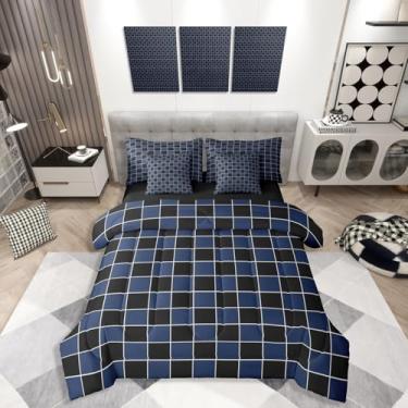 Imagem de Erosebridal Jogo de cama solteiro xadrez azul marinho com lençol de 7 peças, para quarto de crianças, adolescentes, masculinos, geométrico, guingão, macio, leve para todas as estações
