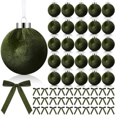Imagem de Wettarn Conjunto de bolas de veludo para árvore de Natal de 8,5 cm, inclui bolas de veludo e laços para guirlanda de árvore de Natal, decoração vintage para pendurar no feriado (30 conjuntos, verde)