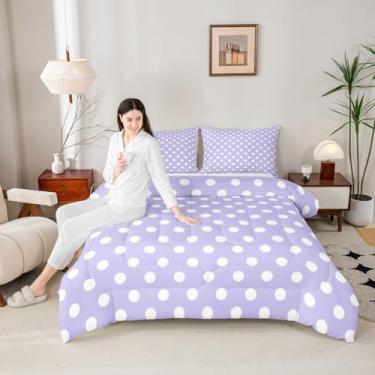 Imagem de Manfei Jogo de cama casal de bolinhas, desenho animado estilo francês, princesa, roxo, branco, 3 peças, para adolescentes, círculos geométricos modernos, abstrato, arte simples, edredom, 2 fronhas