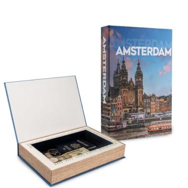 Imagem de Velenza Livro decorativo de Amsterdã com armazenamento – Livros falsos com compartimento oculto forrado de veludo para lembranças – Livros falsos elegantes para armazenamento – Decoração de casa