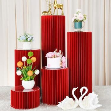 Imagem de Suportes cilíndricos para festa, 5 peças, pedestal redondo, colunas de papelão, mesas cilíndricas para festas, chá de bebê, aniversário, casamento, pilares, decoração (vermelho, 5 peças)