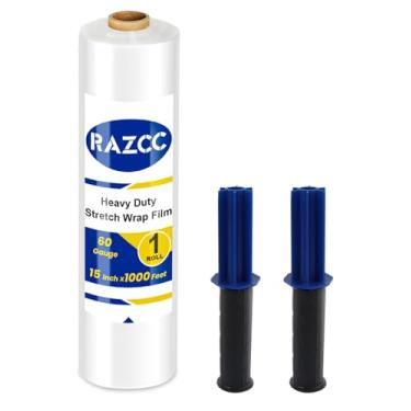 Imagem de Película elástica, RAZCC Stretch Wrap Industrial Strength, Envoltório retrátil para embalagem de paletes, envoltório de plástico transparente resistente com alças, rolo de plástico de embrulho móvel, 38 cm x 300 metros, calibre 60, 1 pacote