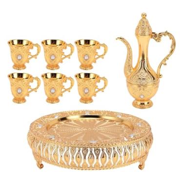 Imagem de Conjunto de pote de vinho do vintage europeu retro elegante escultura liga zinco café chá servindo kit para festa em casa jantar decoração 6 copos 1 bandeja 1 pote (Ouro)