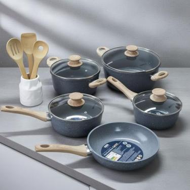 Imagem de Jogo de Panelas Antiaderentes 8 Peças Cores Sortidas com Cabos Resistentes Panelas e Frigideiras Sortidas com Revestimento Premium, Tampas de Vidro, Distribuição Uniforme de Calor e Alta Durabilidade