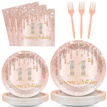 Imagem de 96 peças de decorações de festa de aniversário de 11 anos de ouro rosa para meninas, feliz aniversário de 11 anos, pratos e guardanapos de papel rosa dourado conjunto de utensílios de mesa para 24