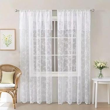 Imagem de Cortinas brancas de renda transparente com saia para sala de estar quarto 213 cm de comprimento, bolso para varão semitransparentes, lindas cortinas vintage bordadas florais francesas retrô para