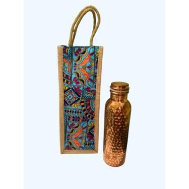 Imagem de Garrafa de água 100% cobre puro para beber | 100 ml | Benefício de saúde ayurvédico | Design martelado | Com bolsa de juta multicolorida para viagens | Recipiente de boca larga | Tampa à prova de