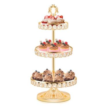 Imagem de KEHAIL Conjunto de bandeja redonda de cupcake de metal, suporte de exibição de sobremesa de cristal para casamentos, aniversários, centros de mesa de festa, lanches e pratos de frutas (ouro, suporte