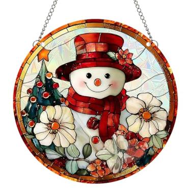 Imagem de Zovylks Protetor solar de acrílico de Natal, enfeite deslumbrante de acrílico para pendurar na janela, boneco de neve com flores e árvore de Natal, decoração clássica de pássaro cardeal para ano novo