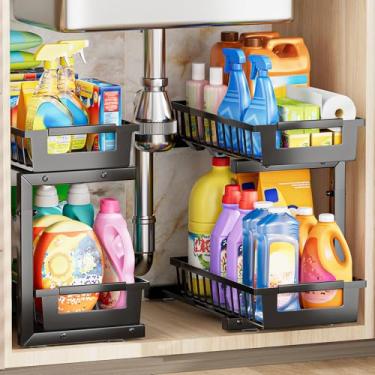 Imagem de Organizador embaixo da pia, pacote com 2, 2 camadas ajustáveis de aço carbono reforçado de alta carga, organizador de gaveta embaixo da cozinha e banheiro, organizador de gaveta de armário de despensa