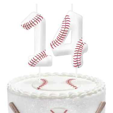 Imagem de Velas de aniversário de beisebol número 14, topo de bolo com tema de beisebol para meninos e meninas, decorações de bolo para aniversários, suprimentos de festa com tema esportivo, velas para