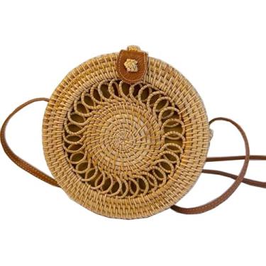 Imagem de Laeuokie Bolsa feminina de palha redonda: Rattan tecido à mão, cesta transversal de vime. Tecido para praia, férias, uso diário., Fivela de couro de renda 03, 7.1" (L) * 3.1" (W) * 7.1" (H), Bolsa de