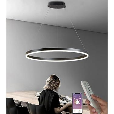 Imagem de Luminária pendente LED para sala de estar, com anel preto, dimerizável, para quarto e sala de jantar, com controle remoto, lustre redondo em acrílico, 1 volta, Ø60cm - 39W
