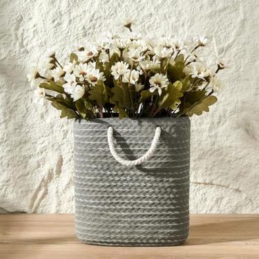 Imagem de Vaseking Vaso elegante pequeno, vaso de cerâmica minimalista moderno de 20 cm com corda para pendurar, sacola criativa para decoração de casa, sala de estar, casamento, decoração de estante, cinza