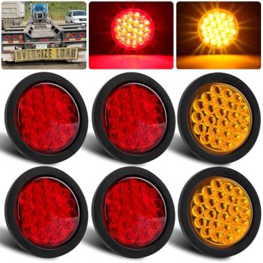 Imagem de Partswcgg Kit de 6 peças de luzes traseiras de reboque LED redondo de 10 cm - Luzes estroboscópicas redondas de LED de 10 cm com 24 caminhões de LED RV com ilhós de luz Plugue de tranças de fio de 3