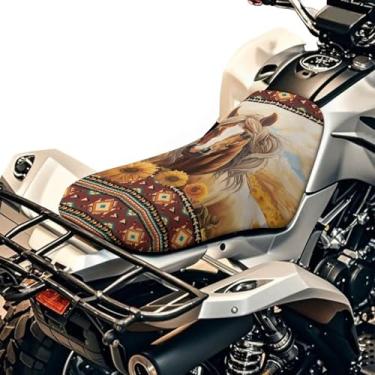 Imagem de HUISEFOR Capa de assento para quadriciclo girassol cavalo ATV assento traseiro capas de almofada esportes motorizados protetor respirável acolchoado para Polaris Sportsman/Rancher/Foreman/Scrambler